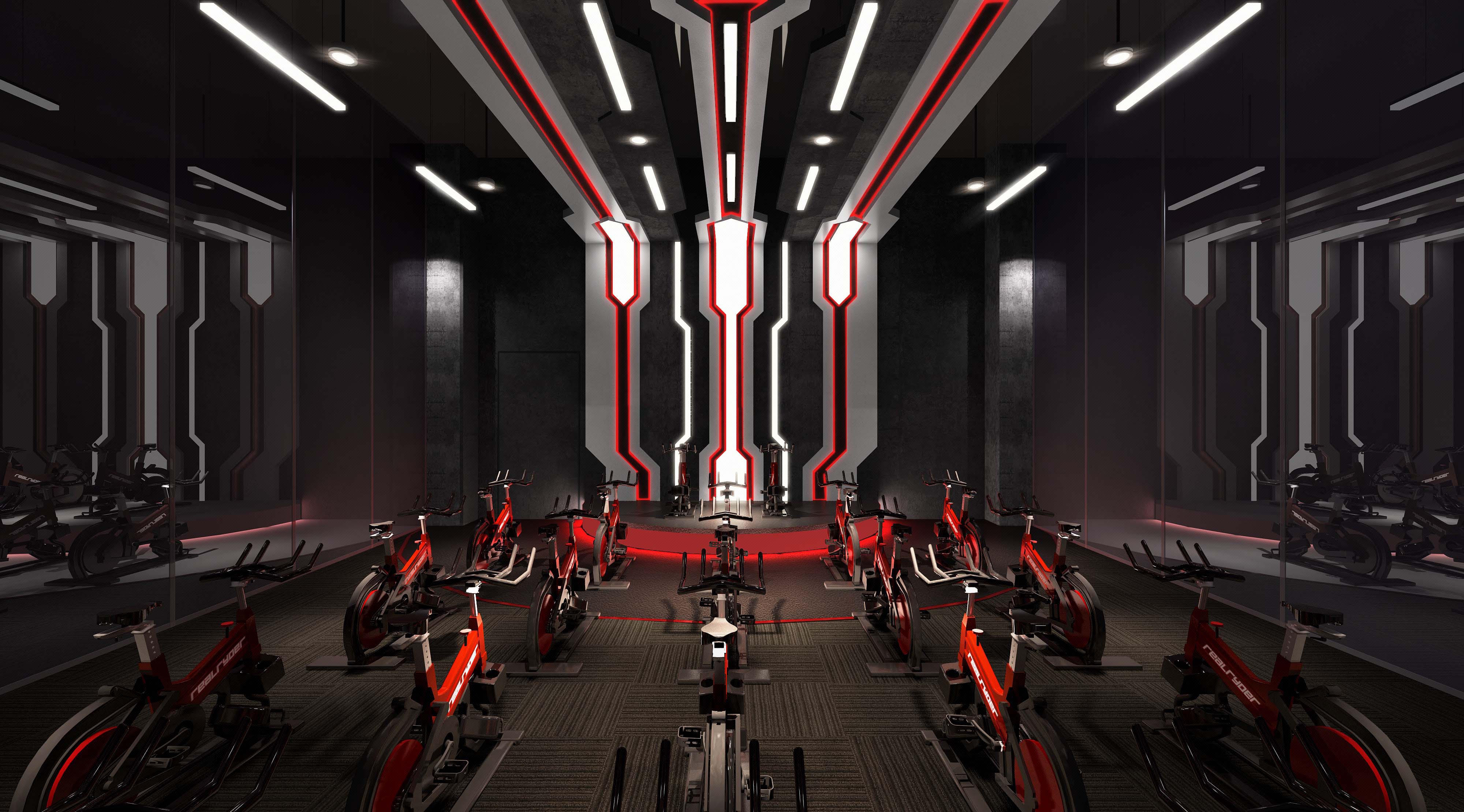 健身房休闲娱乐空间公装设计瑜伽室操房动感单车室内装修效果图施