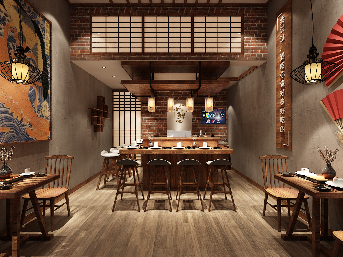 日料店设计日式料理效果图设计特色小吃店餐饮店设计店铺空间设计
