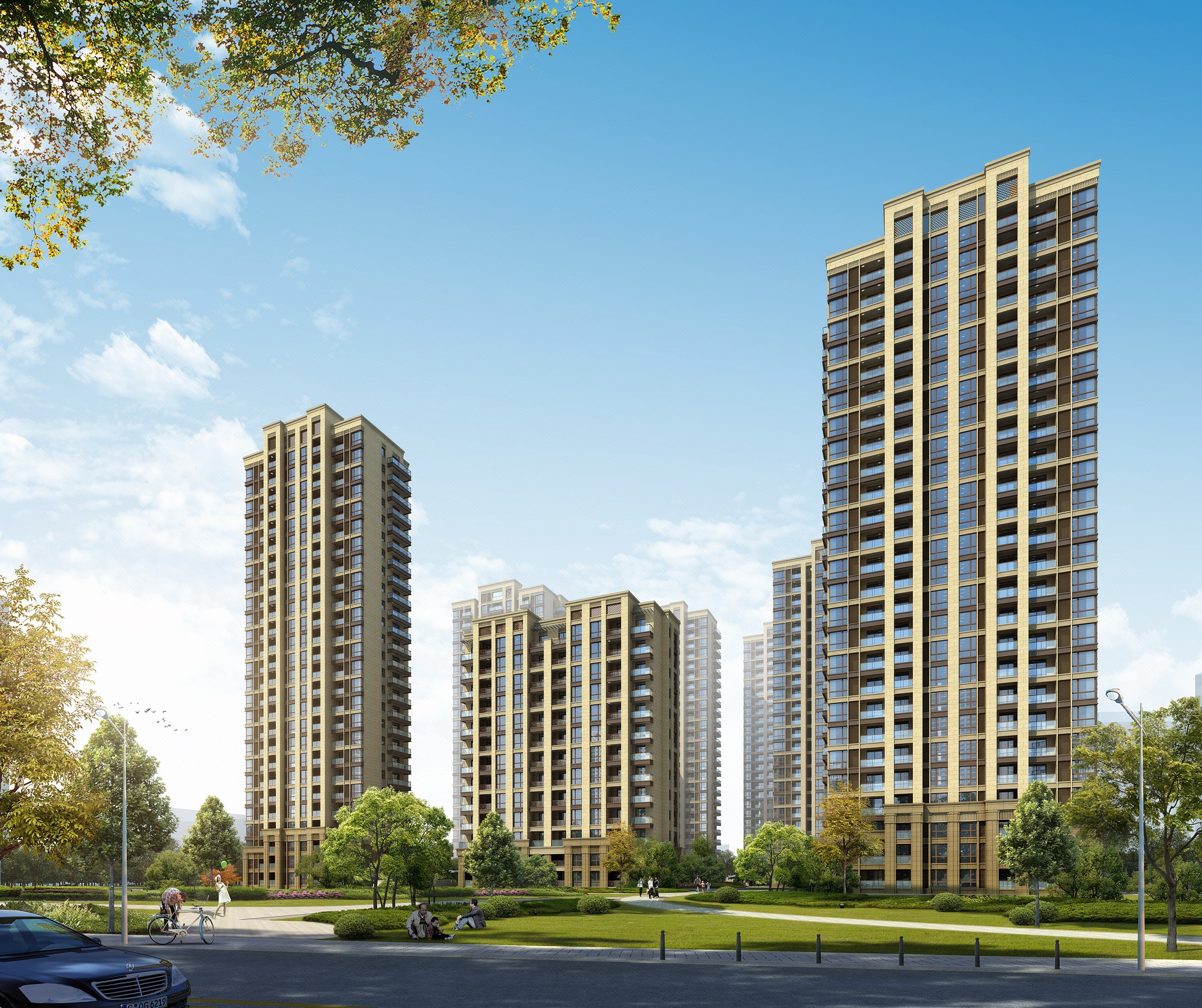 城市小区 高层 住宅 楼盘入口小区 建筑透视鸟瞰效果图