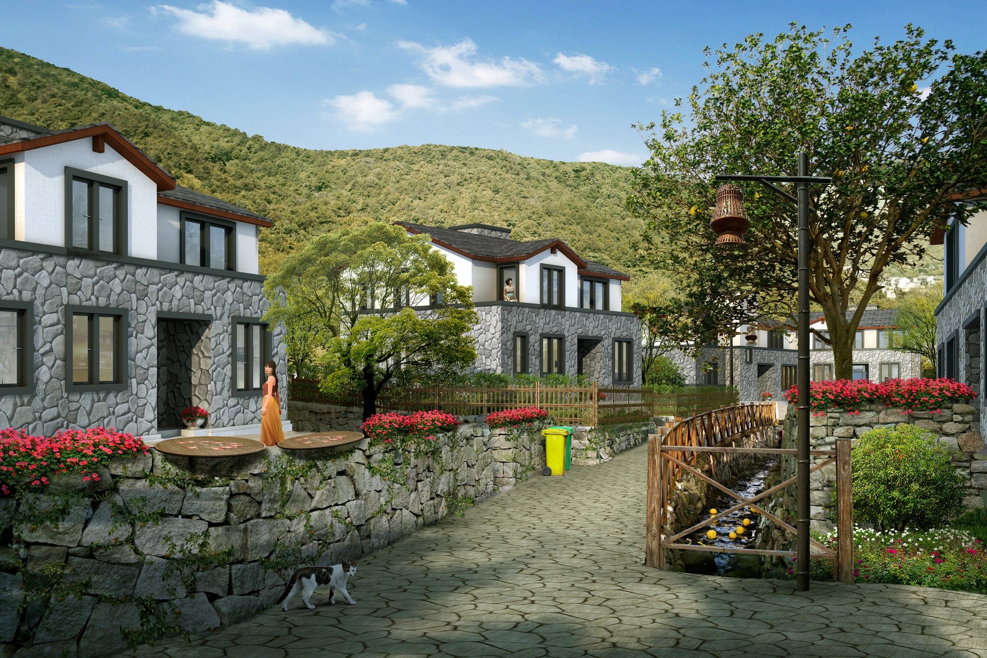 旧房改造实景合成街道小区美好乡村厂房步行街景观园林透视效果图