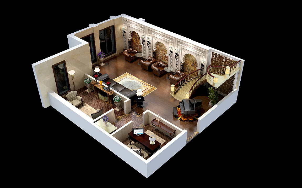 2d/3d三维户型图房地产党建展厅活动室内建模渲染效果