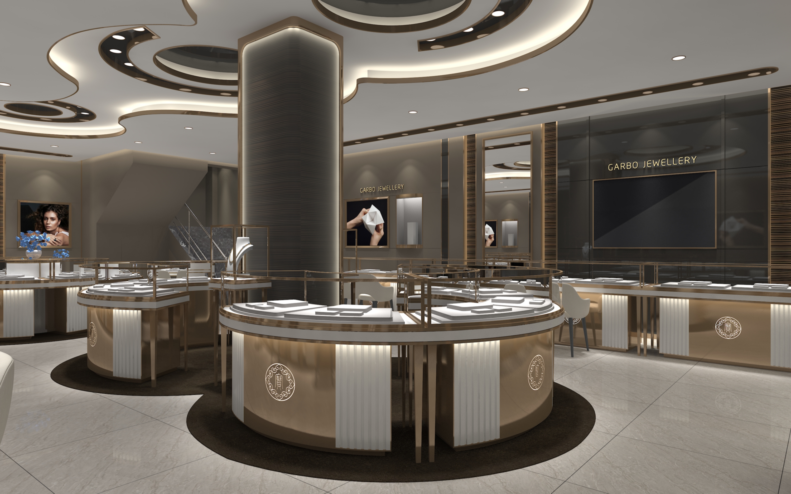公装设计珠宝展会展厅空间规划设计展柜柜台设计效果图施工图设计