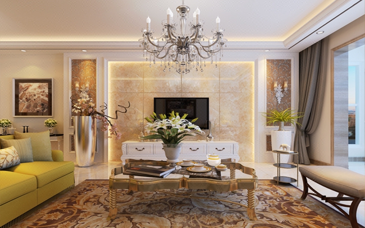 电视墙的设计客户喜欢便于清洁的,于是采用了大地砖上墙,为了配合风格