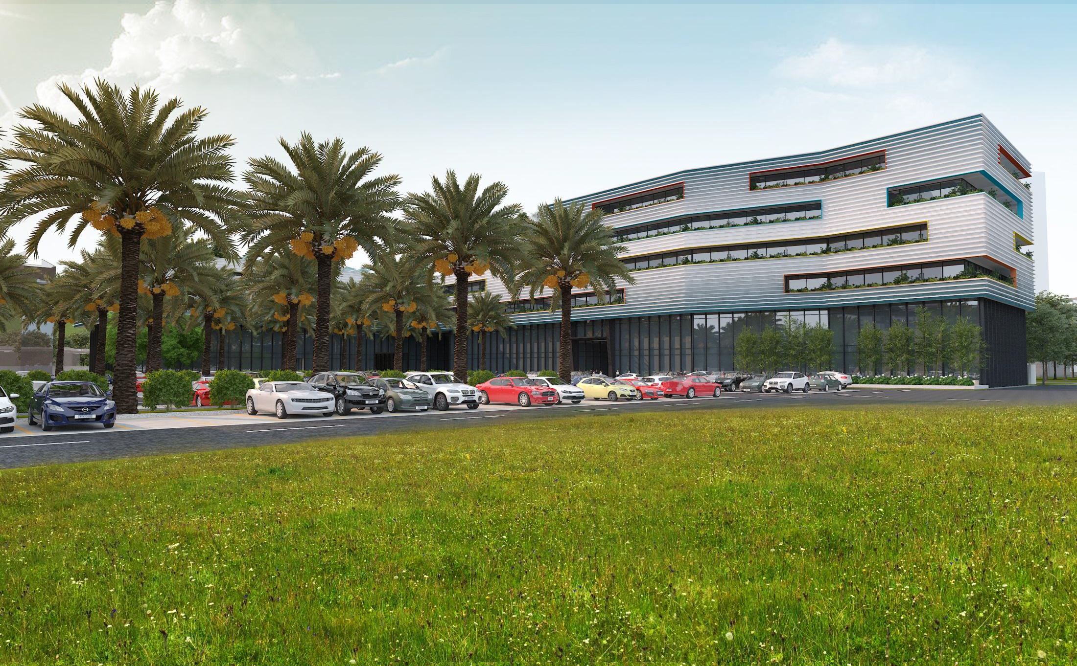 旧厂房改造,铝板包面,把走廊设置在**,白色外观配彩色檐口,造型现代