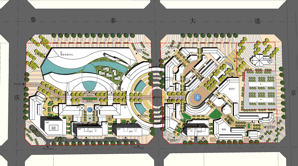 彩色总平面图,规划总图,cad总平填色