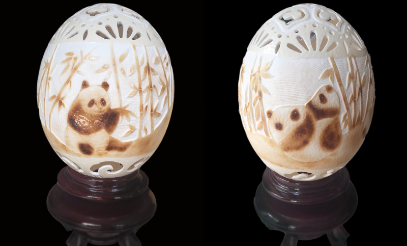 鸵鸟蛋蛋雕《国宝熊猫》