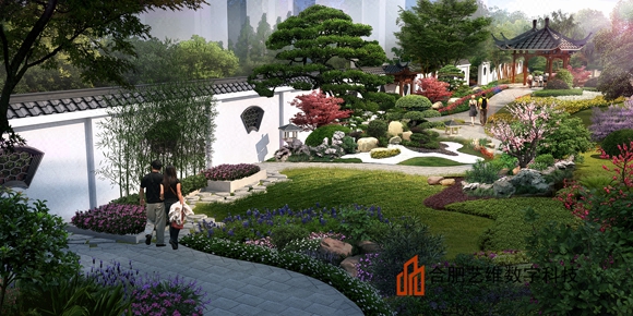 景观效果图 庭院 透视图 住宅景观效果图 别墅景观效果图-猪八戒网