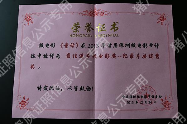 最佳進(jìn)步微電影獎——紀(jì)錄片獎優(yōu)秀獎