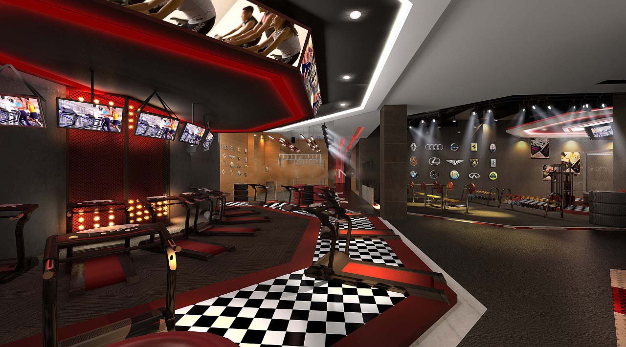 健身房休闲娱乐空间公装设计瑜伽室操房动感单车室内装修效果图施