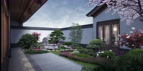 景观效果图 庭院 透视图 住宅景观效果图 别墅景观效果图-猪八戒网