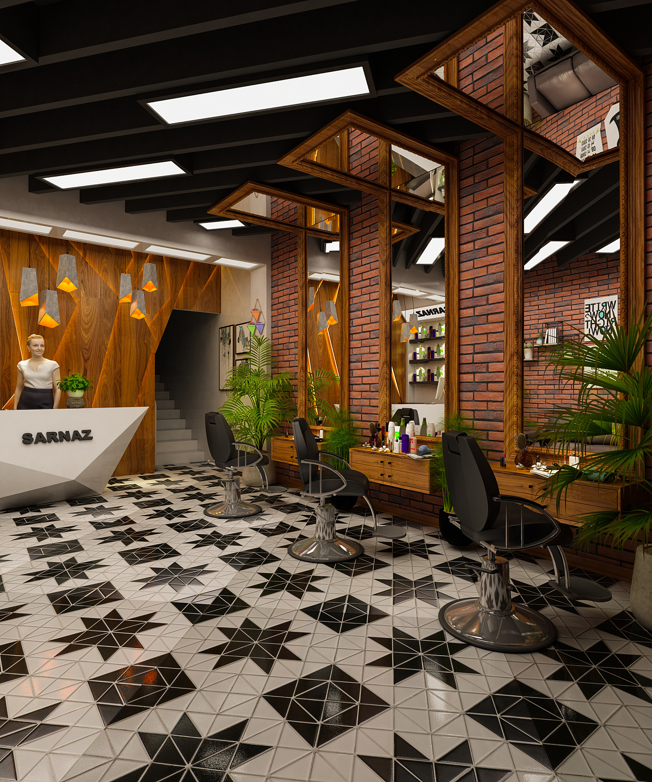 理发店效果图 发廊装修设计 理发店室内设计 室内装修 美容店-猪八戒