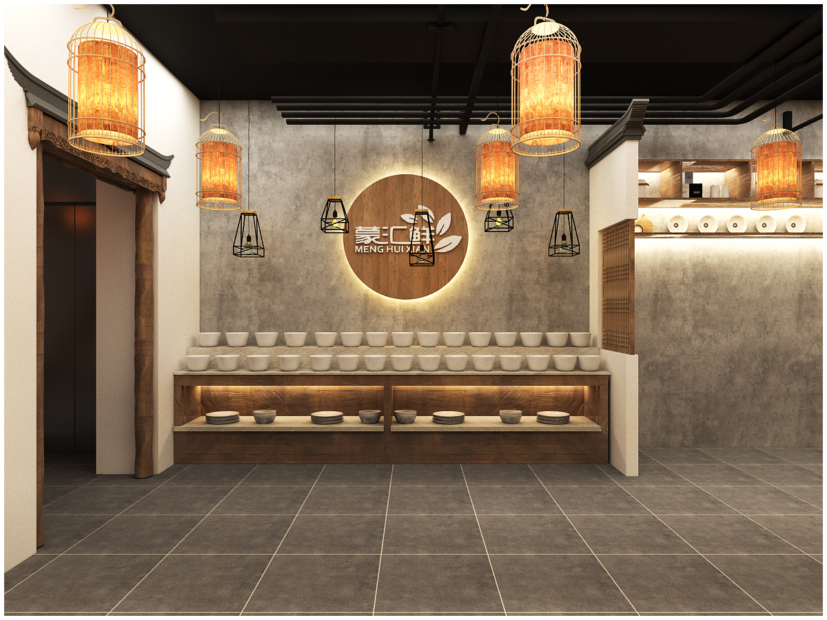 禅意餐厅设计中式餐厅效果图新中式风格快餐店铺室内装修空间设计-猪