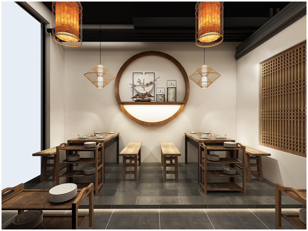 【壹景】.禅意餐厅设计,中式餐厅效果图,新中式风格快餐店铺