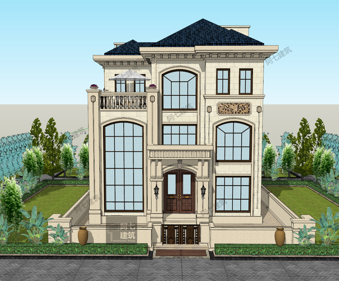 法式格调墅,精致的线条,恰当的比例,考究的外墙干挂大理石(当然后期